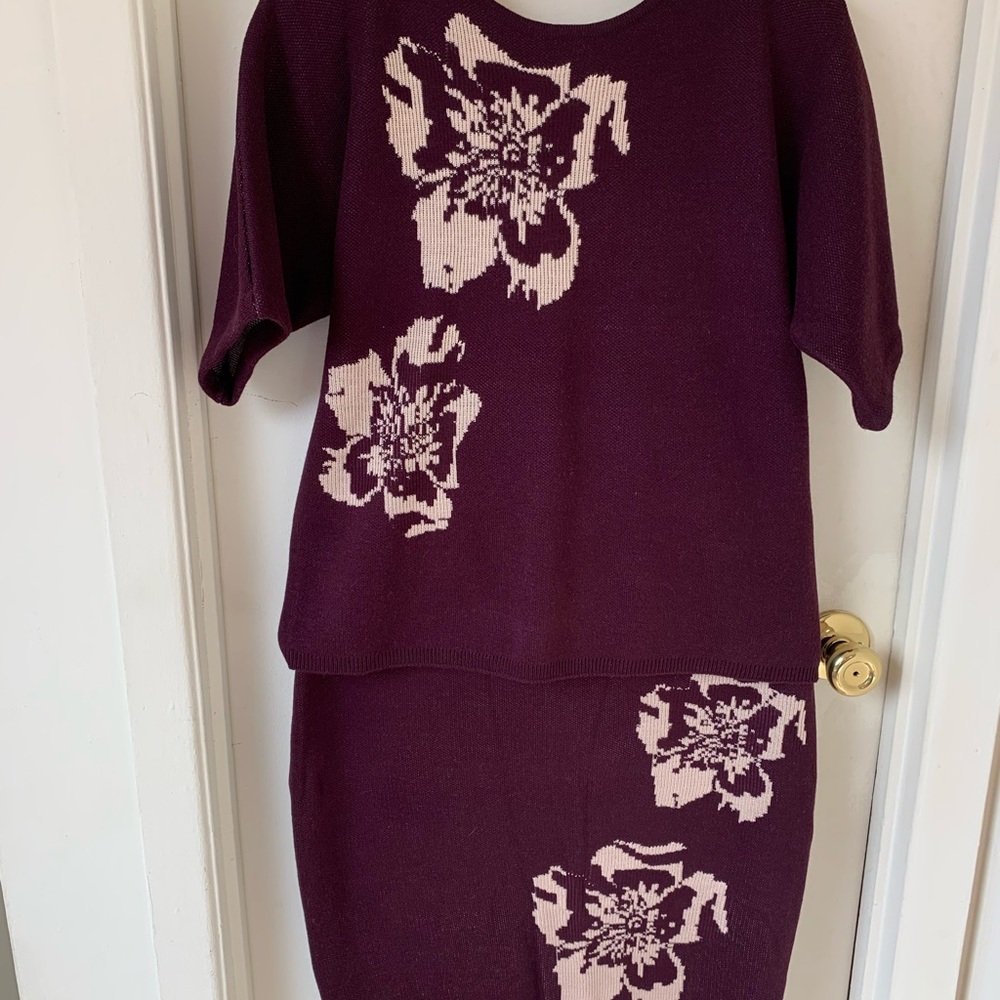 Calvin Klein Burgundy Knit Sweater Skirt Set
